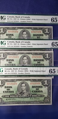 Lot of 3 notes Bank of Canada 1937 BC-21c $1 Gordon-Towers Prefix S/A PMG 65 EPQ
