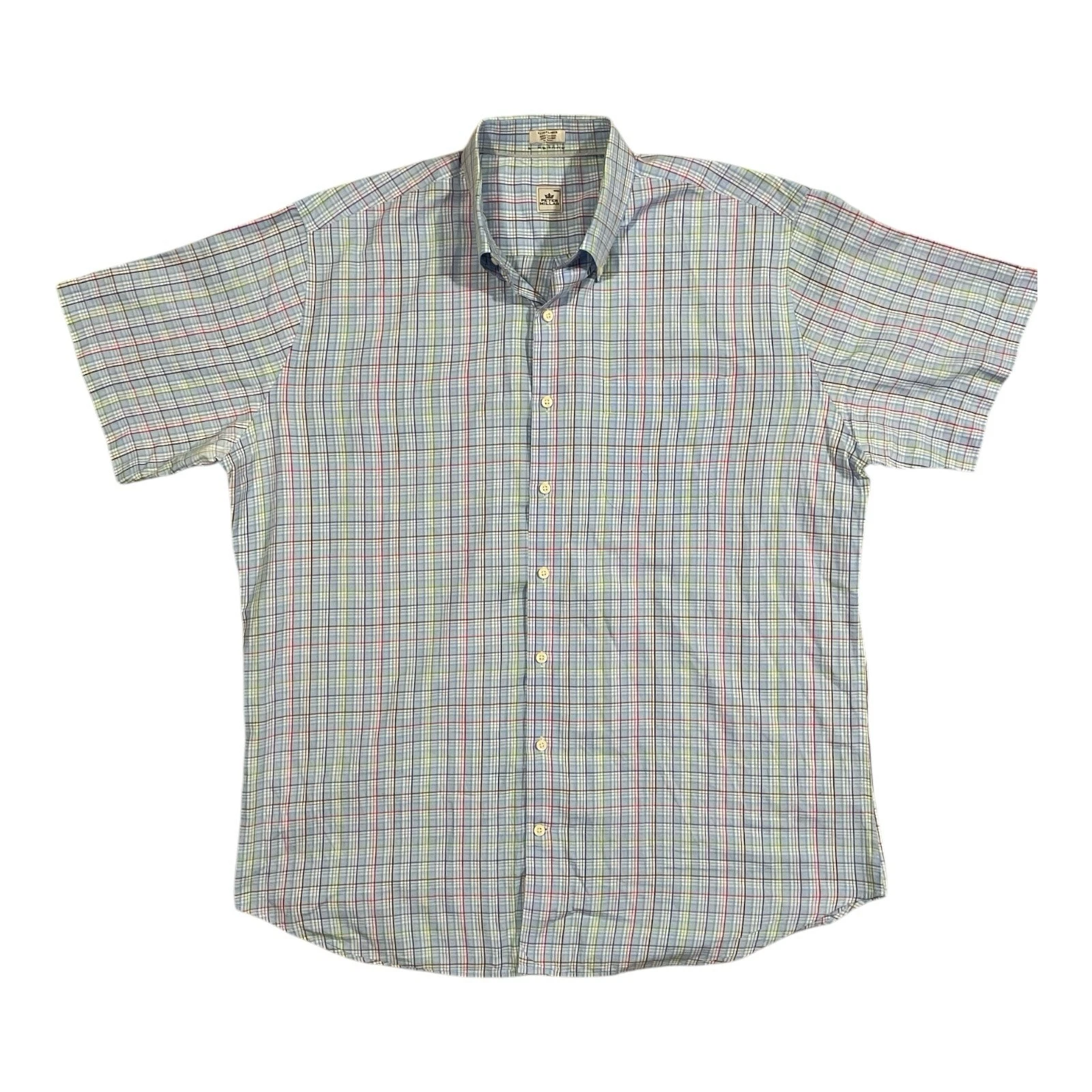 Peter Millar Men’s XL Plaid Button Down Up Short Sleeve Cotton Blue Shirt