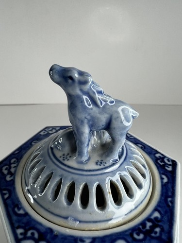Chinese Blue and White Porcelain Incense Burner Ashtray Ash Catcher Hexagon - Picture 2 of 12