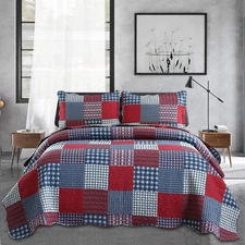 Jessy Home Plaid Quilt Set Queen Bedspreads Coverlet Set Red Blue White Patchwor
