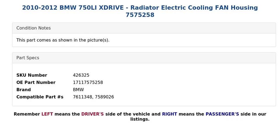 BMW 750LI XDRIVE 2010-2012 - Radiador eléctrico refrigeración ventilador carcasa 7575258 Foto 4 de 4