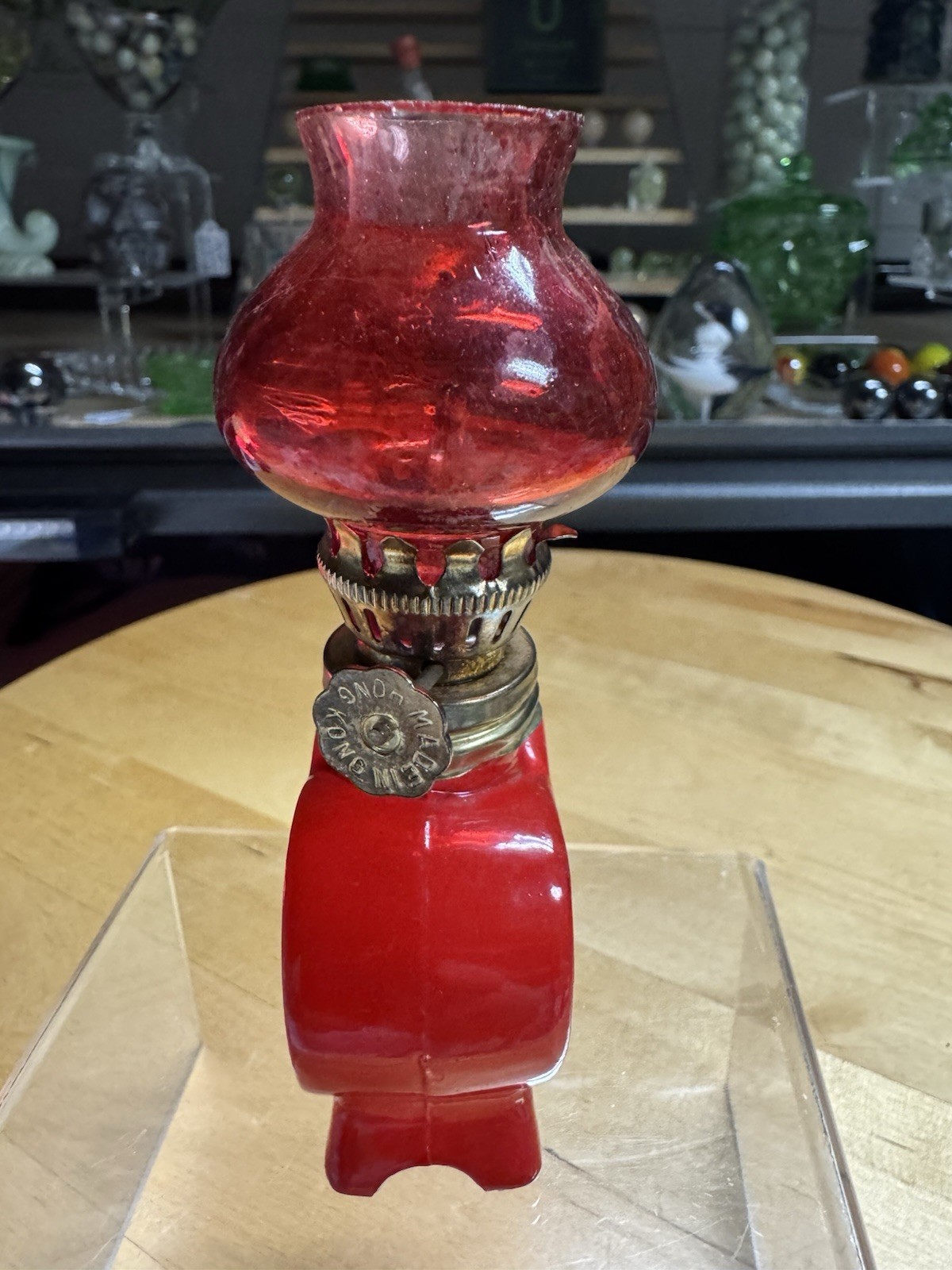 5206 Antique 1875-1925 Hong Kong”LIGHT MY FIRE” Glass Oil Kerosene Lamp