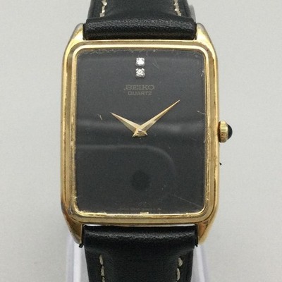 Seiko Mens Watch 25mm Black Gold Tone Diamonds Leather 5930-5409