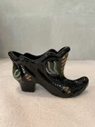 Vintage Fenton Black Glass Slipper Boot Hand Painted Artist Signed S. Hopkins