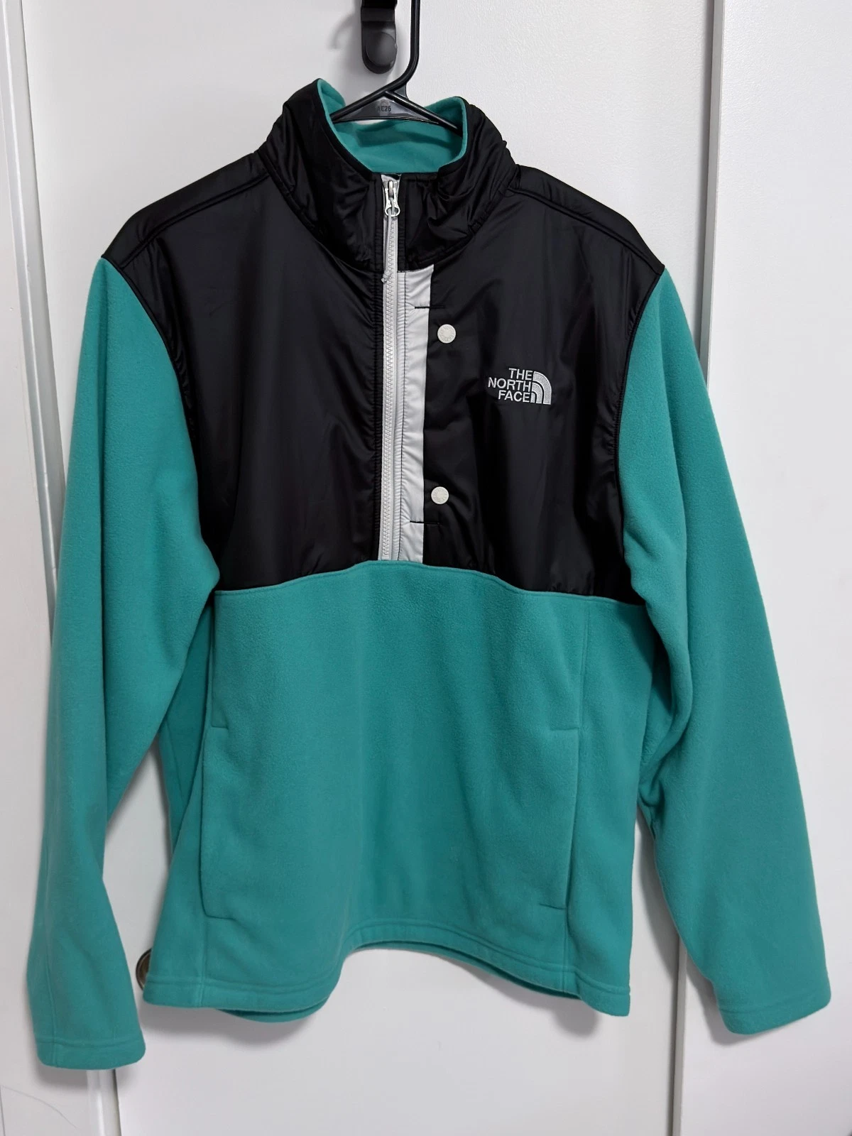 The North Face Jacket Mens Large Aqua Blue Black Fleece 1/2 Zip Pullover Sweater