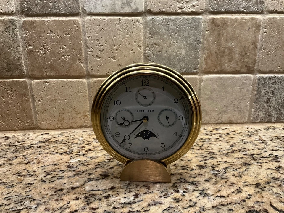 HIGH QUALITY DESK or MANTEL CLOCK by BUCHERER 3 SUB DIALS MOONPHASE rrp £2,750 - Image 2 of 4