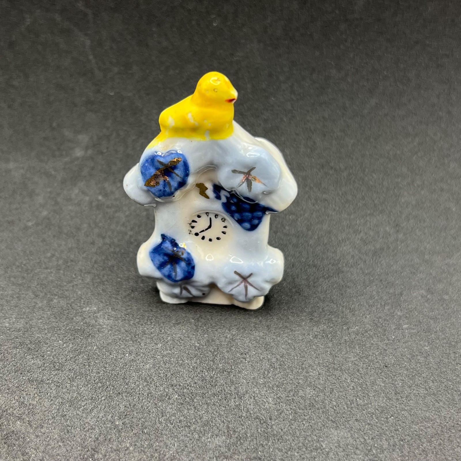 Vintage Miniature Porcelain Cuckoo Clock Figurine Japan Hand Painted Yellow Bird