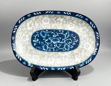 Cheng's Porcelain Tan Blue Floral Oval Serving Plate 10" x 7"