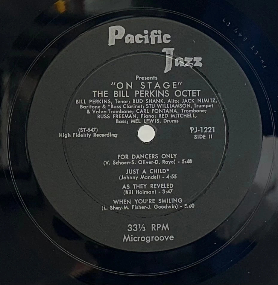LP: Bill Perkins Octet, On Stage, Pacific Jazz, Mono, deep groove 1956, Cool Jaz - Image 4 of 4