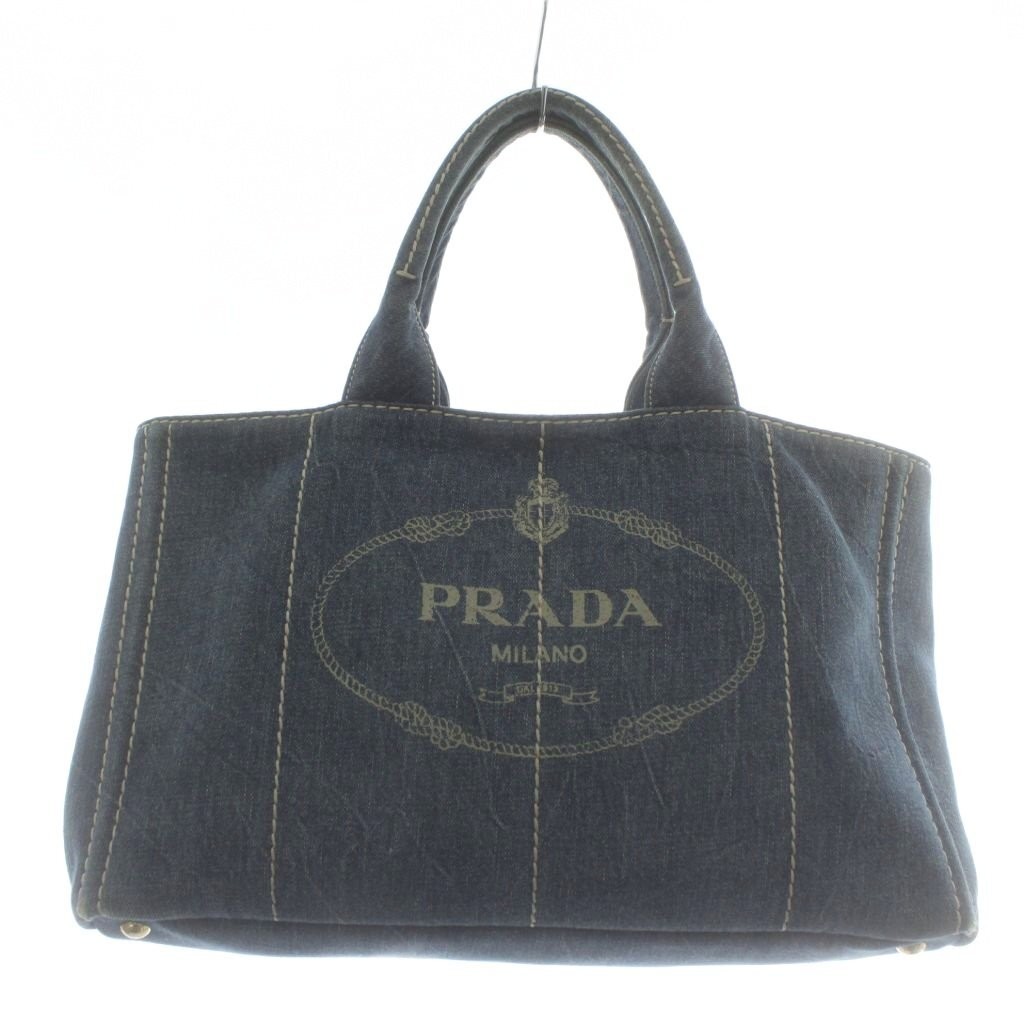 PRADA Canapa Tote Bag Hand Denim Logo Triangle Plate Print Indigo Navy XZ OH GY1