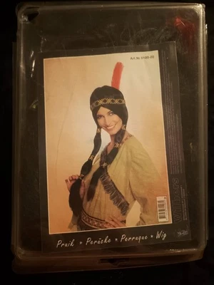 Perücke mit Zöpfen schwarz Haarband Feder Indianer Indianerin Squaw Fasching OVP - Bild 1 von 3