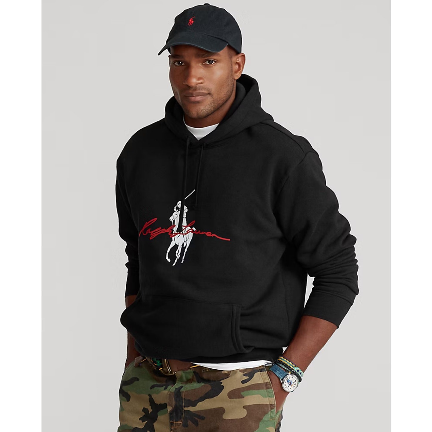 Polo Ralph Lauren Uomo Big Pony Logo Felpa con Cappuccio in Pile M Nera Silenziosa Lusso Preppy