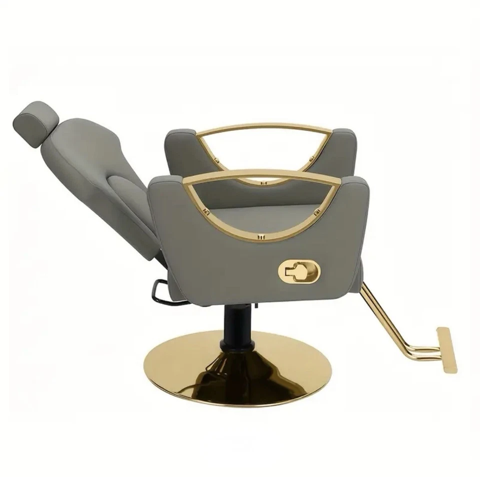 Silla de salón de lujo silla de estilo silla de peluquero reclinable hidráulica gris dorado Foto 2 de 3