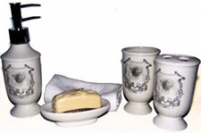 White Rose Vintage Design 6 PC Ceramic Bath Accessories Gift Ensemble NEW