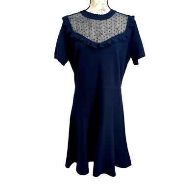 NWT Draper James Women s Sheer Yoke A-Line Sweater Dress Sz XL Navy Blue Ruffle