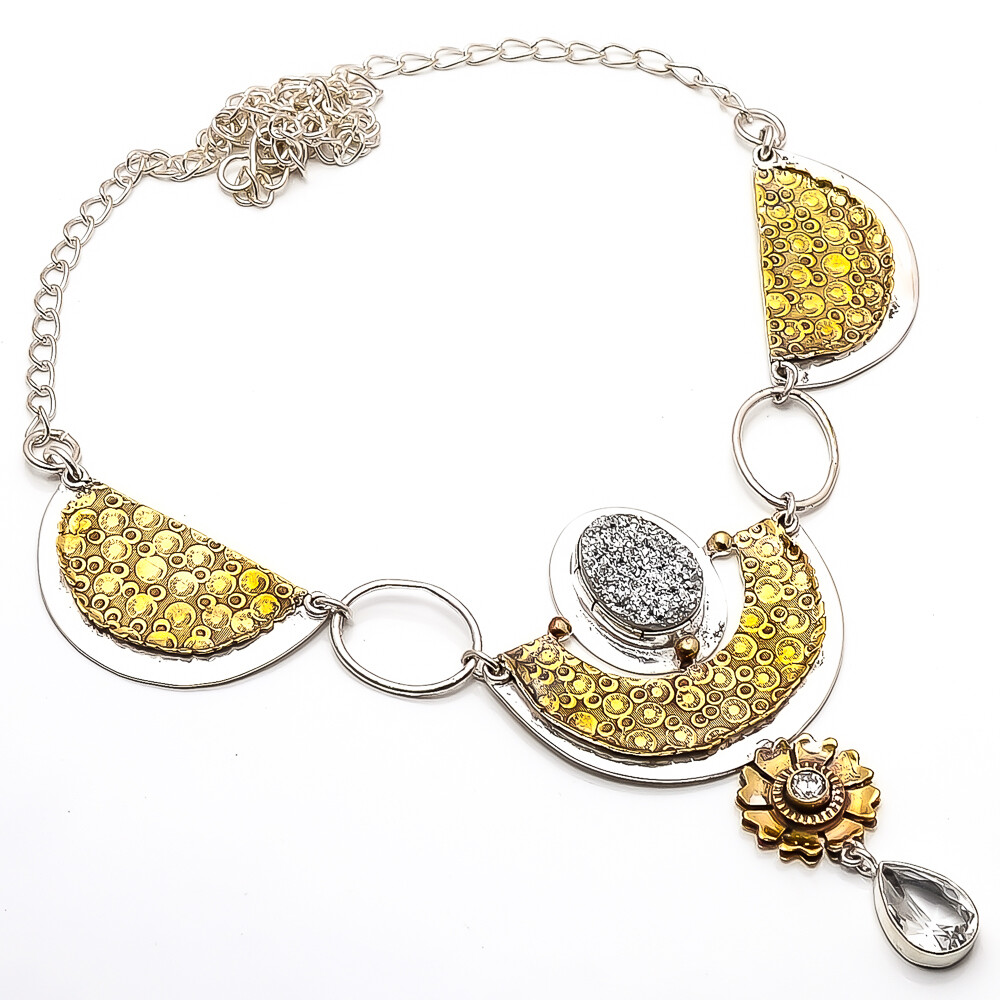 Titanium Silver Agate Drusy 925 Sterling Silver Two Tone Necklace 16.17.99