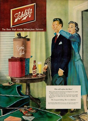 1951 Beer Brewery Schlitz 50s Vintage Print Ad Milwaukee Famous Husband Wife Gif