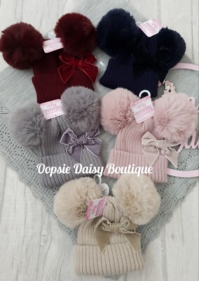 Baby Girls Knitted Pom Pom Hat with Ribbon Bow Size 0-12mth