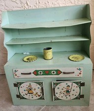 Vintage Wolverine Tin Litho Cupboard Cabinet W/ Drawer  Two Tin Saucers One Cup