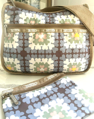 LeSportsac Hearts Handbag & Pouch Adjustable Strap 12 Wx9 Pastel Colors Zip Top