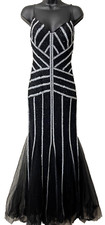 Tony Bowls Paris Beaded Maxi Mermaid Dress Formal Pageant Prom Black Silver 8