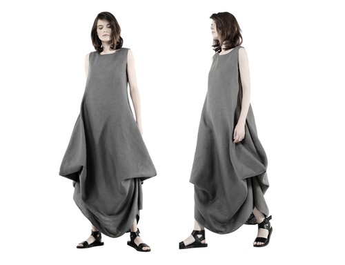 Grey Linen Dress. Extravagant dress. Avant Garde Dress. Lagenlook Pinafore Dress
