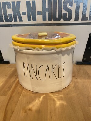 Rae Dunn PANCAKES Warmer Holder Canister Butter Pat Knob Yellow Lid 2 Piece HTF