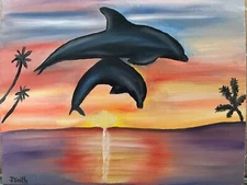 Original oil painting 8 x 10 inches dolphins jumping At sunset
