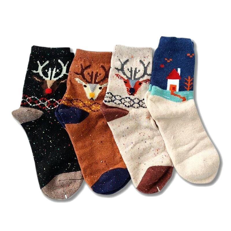 4 Pairs Women Wool Socks – Cute Animal Design, well knitted Thick warm crew sock
