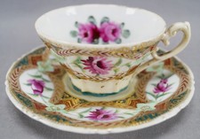 Nippon Hand Painted Dark Pink Rose Green Red & Gold Beaded Tea Cup & Saucer B