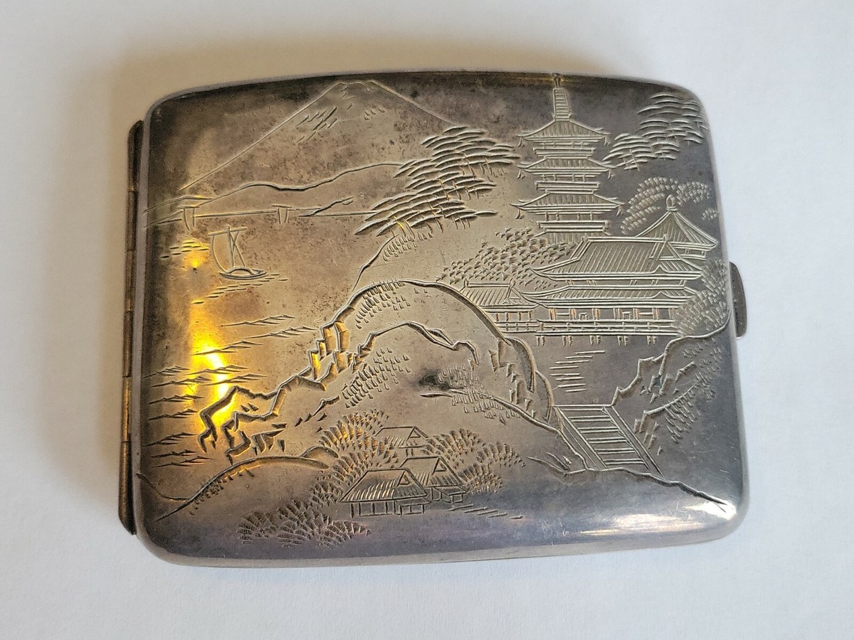 Vintage 950 Silver Sterling Japanese Cigarette Case Engraved MT