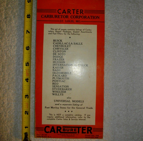 Carter Carburetor Corporation parts catalog 1949 Specs Price Model Year 1933-49