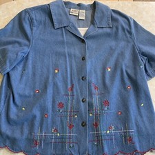 City Blues by KORET Denim Style Shirt Top Large Embroidered With Shoulder Pads