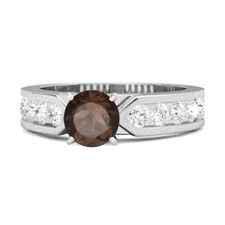 4 MM Round Smoky Quartz 925 Sterling Silver Solitaire with Accents Women Ring
