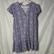 LOFT Womens Blue Pink Medallion Floral boho indie grandmacore Ruffle Dress S