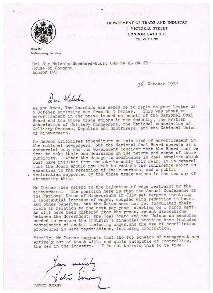1972 UK POLITICS LETTER SIGNED PETER EMERY: T MERCER HARROGATE  YORKSHIRE MINERS - Photo 1/1