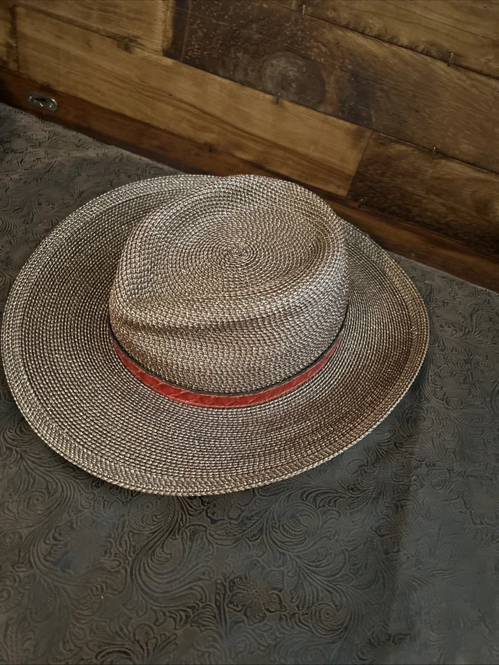 Eric Javits Squishee Metallic Straw Packable Sun Hat W Red Snake Skin Belt - Image 2 of 4