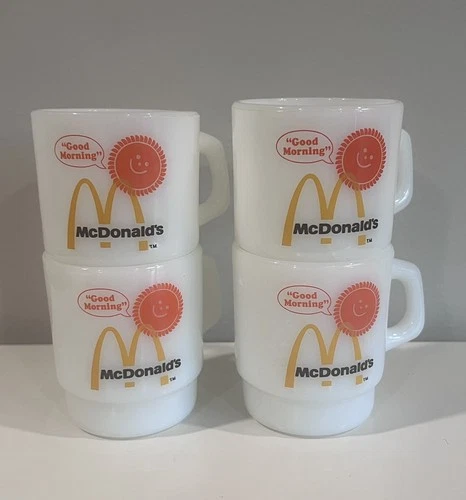 4 Vtg Fire King McDonalds Mugs Good Morning Coffee Cup Anchor Hocking Milk Glass