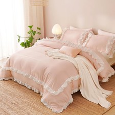 Pink Ruffle Duvet Cover Set Queen Size Girls Pink Princess Ruffled Comforter ...
