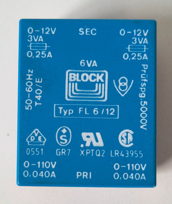 BLOCK FL 6/12 Printtransformator PRI. 2 x 115V  SEC. 2 x 12 V / 0,25A
