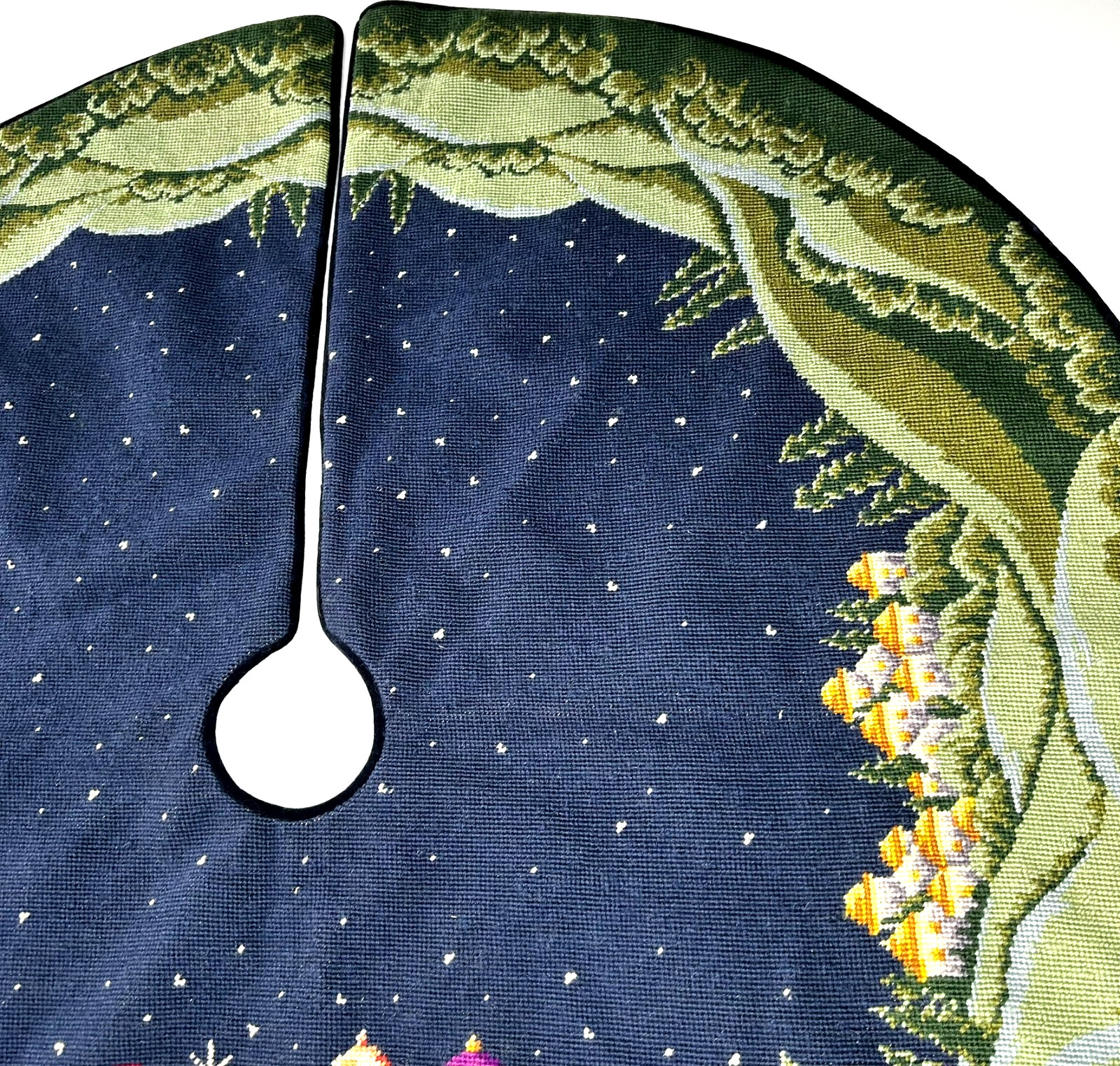 Vintage Handmade Nativity Manger Needlepoint Christmas Tree Skirt