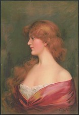 Photo:Portrait of Girl with Long Brown Hair in Red Dress 1900s