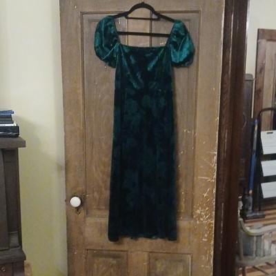francesca's Women's S Green Floral Velvet Smocked Puff Sleeve Long Zip Dress