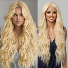 Low Shine Lace Frontal Wigs Synthetic Hair Daily Wear Blonde Long Wavy