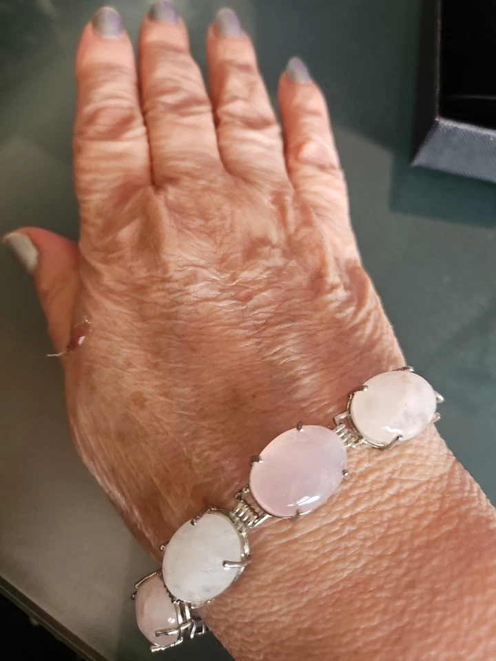 Genuíno Cabochão de Quartzo Rosa Pulseira de Tênis Silvertone 7-8" Novo sem etiquetas - Imagem 4 de 4