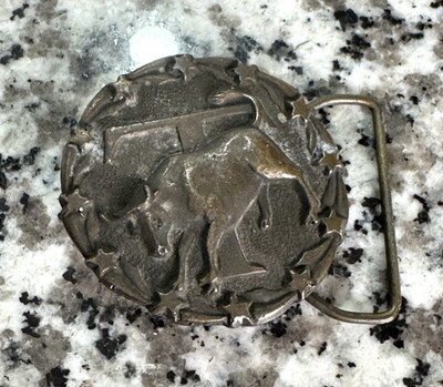 Vintage Cast Metal Belt Buckle Initial ''T'' Bull & Stars 2.25'' fits 1.75'' Belt