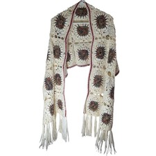 Handmade Granny Square Crochet Shawl Earth Tones Cream Fringe Boho Gypsy Hippie