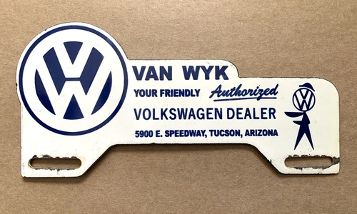 VINTAGE 10x4.75" VW VOLKSWAGEN DEALER GAS STATION PORCELAIN OIL TOPPER SIGN