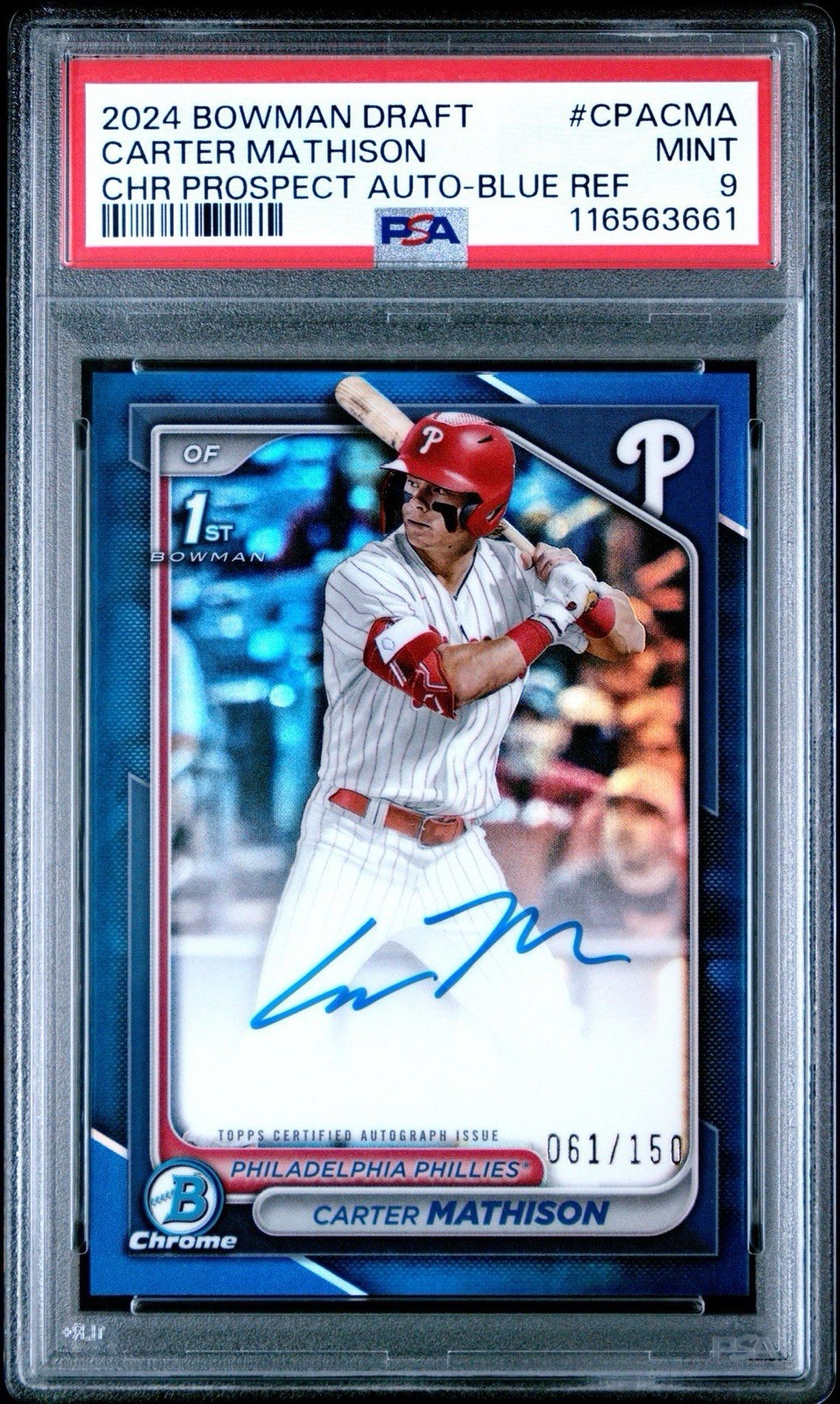 2024 Bowman Draft Carter Mathison Chrome Auto Blue Refractor 1st #61/150 PSA 9