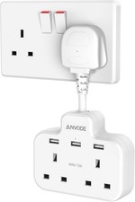 Double Plug Adaptor with USB, 2 Way Wall Adapter with Short Extension Lead, Mult